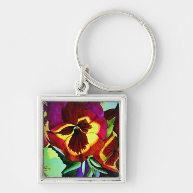 Red pansies watercolor flower original art key ring (Front)
