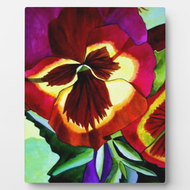 Red pansies watercolor flower original art plaque (Front)