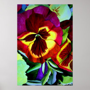 Red pansies watercolor flower original art poster