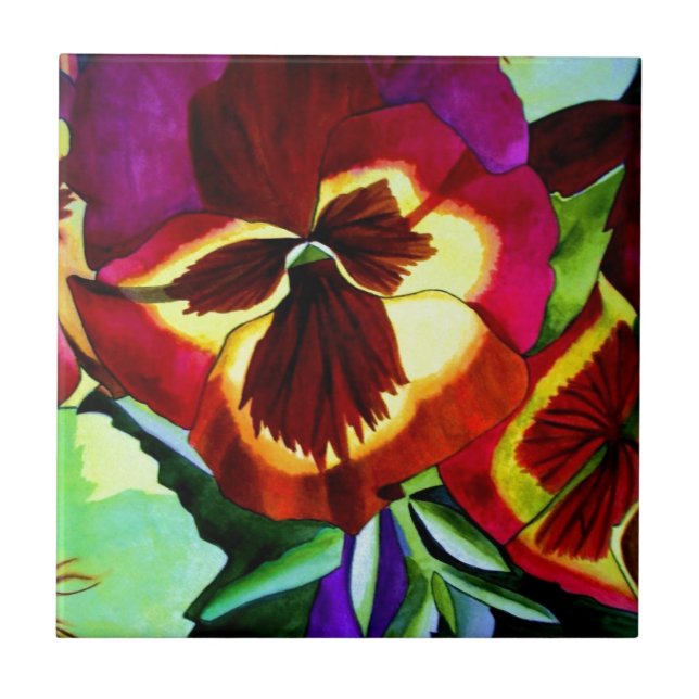 Red pansies watercolor flower original art tile (Front)