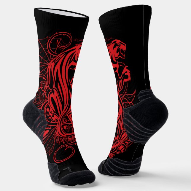 Red Panther Gothic Tattoo Style Bold Dark Athletic Socks (Angled)