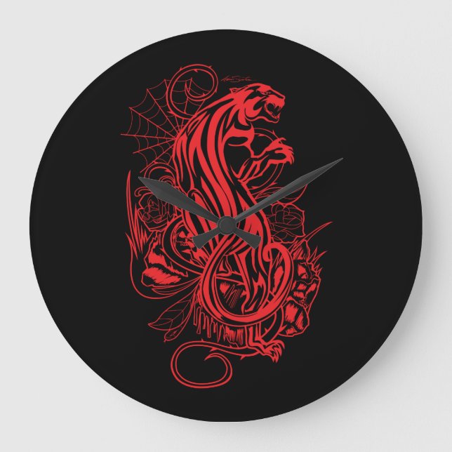 Red Panther Gothic Tattoo Style Dark Aesthetic Large Clock (Front)