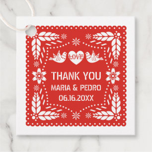 Red papel picado love birds wedding fiesta favour tags