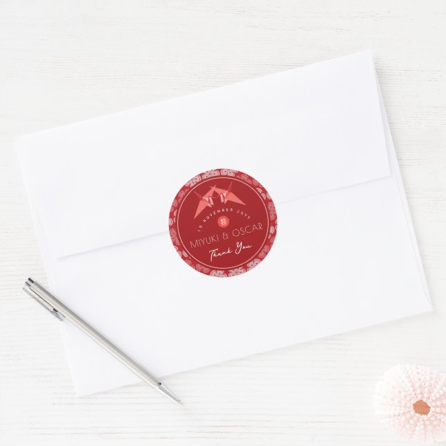 Red Paper Cranes And Cherry Blossoms Asian Wedding Classic Round Sticker (Envelope)