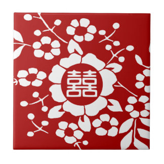 Red • Paper Cut Flowers • Double Happiness Tile