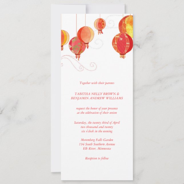 Red Paper Lanterns Long Vertical Wedding Invitation (Front)