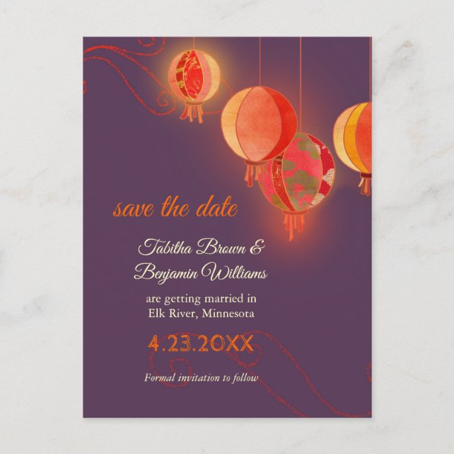 Red Paper Lanterns Purple Wedding Save the Date Announcement Postcard (Front)