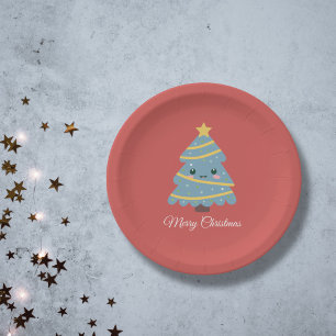 Red Paper Plate with Kawaii Christmas Tree