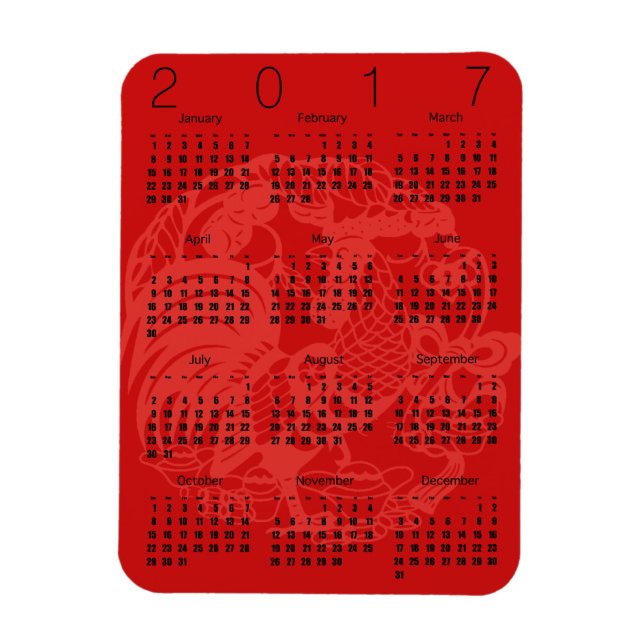 Red Papercut Rooster Calendar 2017 Magnet (Vertical)