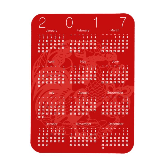Red Papercut Rooster Calendar 2017 Magnet 2 (Vertical)
