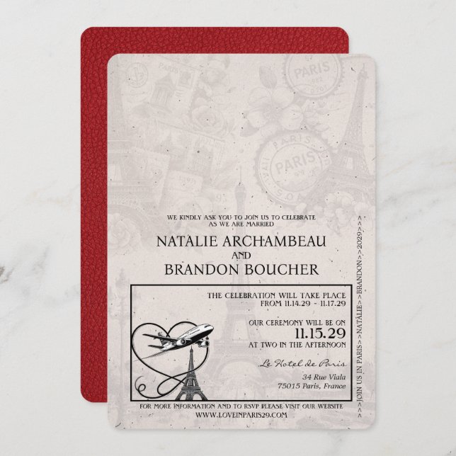 Red Paris Passport Wedding Invitation (Front/Back)