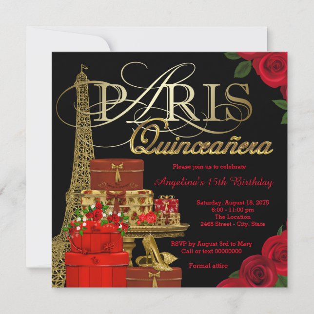 Red Paris Quinceanera Invitation (Front)