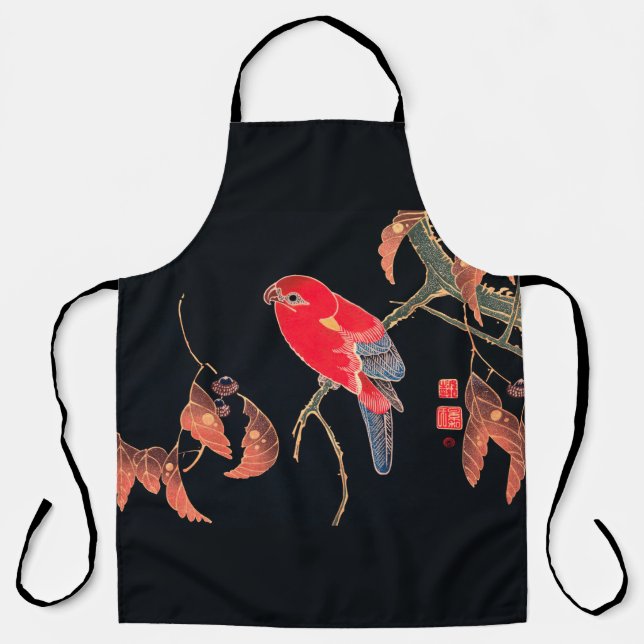 Red Parrot Vintage Bird Japanese Woodblock Print Apron (Front)