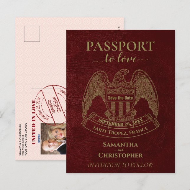 Red Passport Cute Fun Wedding Save the Date Announcement Postcard (Front/Back)