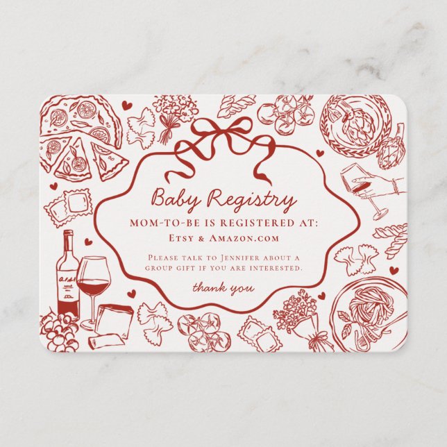 Red Pasta Special Delivery Italian Baby Registry Enclosure Card (Front)
