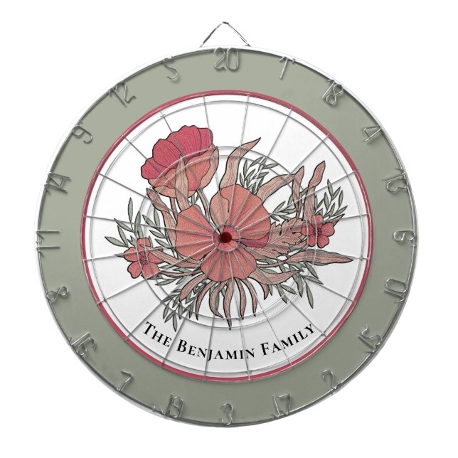 Red Pastel Flowers Floral Family Personalise Dartboard (Front)