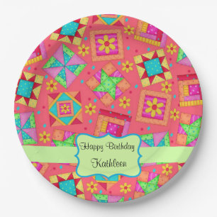Red Patchwork Quilt Block Name Happy Birthday Paper Plate