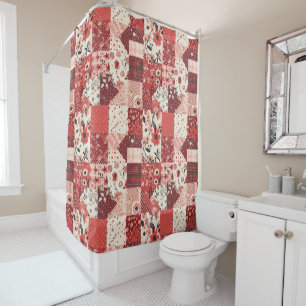 Red Patchwork Quilt Rustic Floral Retro Shower Curtain