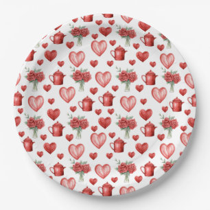 red pattern with hearts for valentine's day  paper plate