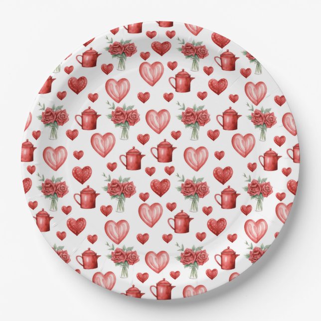 red pattern with hearts for valentine's day  paper plate (Front)