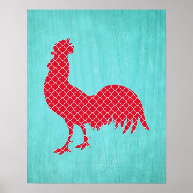 Red Patterned Rooster Silhouette Poster (Front)