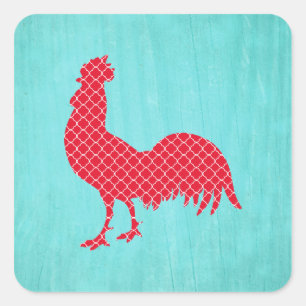 Red Patterned Rooster Silhouette Square Sticker