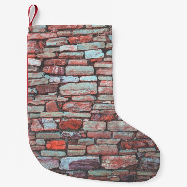 Red pavement bricked wall small christmas stocking (Front)