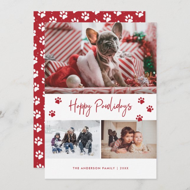 Red Paw Print 3 Photo Collage Happy Pawlidays Pet Holiday Card (Front/Back)