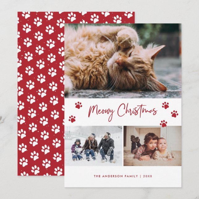 Red Paw Print 3 Photo Collage Meowy Christmas Pet Holiday Card (Front/Back)