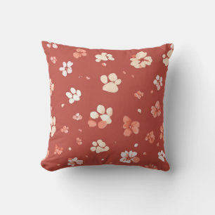 Red Paw Print Floral Throw Pillow- Cute Dog Cat pa Cushion