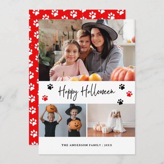 Red Paw Print Pet Photo Happy Halloween Card (Front/Back)