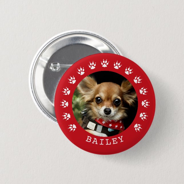 Red Paw Prints Frame Pet Photo 6 Cm Round Badge (Front & Back)
