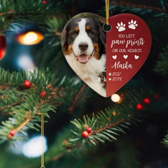 Red Paw Prints On Our Hearts Pet Photo Ceramic Tree Decoration (Creator Uploaded)