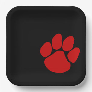 Red Pawprint on Black Paper Party Plates