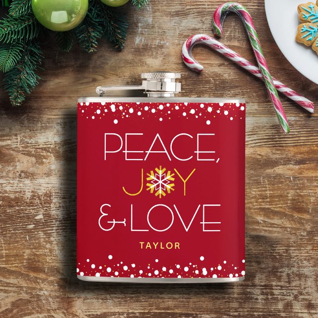 Red Peace Joy Love Christmas Bold Modern Snowflake Hip Flask (Creator Uploaded)
