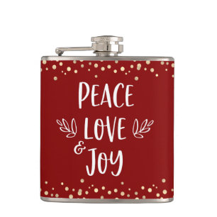 Red Peace Love Joy Modern Typography Gold Confetti Hip Flask