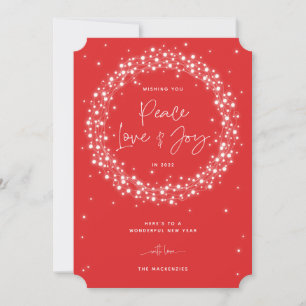 Red Peace Love+Joy Sparkling Lights Christmas Holiday Card