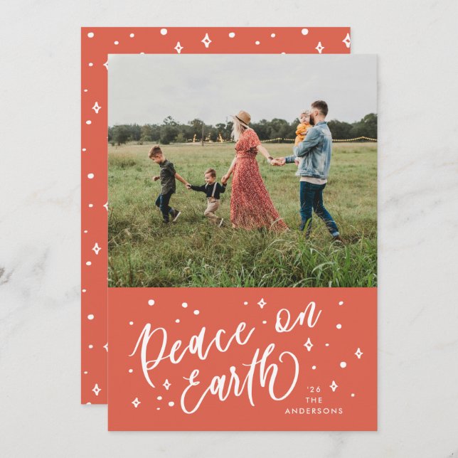 Red Peace on Earth Lettering Christmas Photo Holiday Card (Front/Back)