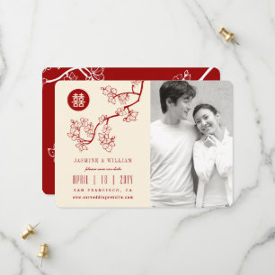 Red Peach Blossoms Chinese Double Happiness Photo Save The Date