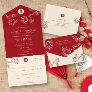 Red Peach/Plum Blossoms Chinese Double Happiness All In One Invitation