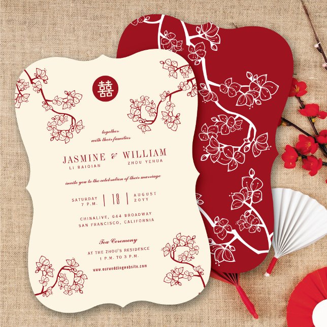 Red Peach/Plum Blossoms Double Happiness Wedding Invitation (Red/Ivory Peach/Plum Blossoms Double Happiness Chinese Wedding Invitation @ fatfatin_red_knot)