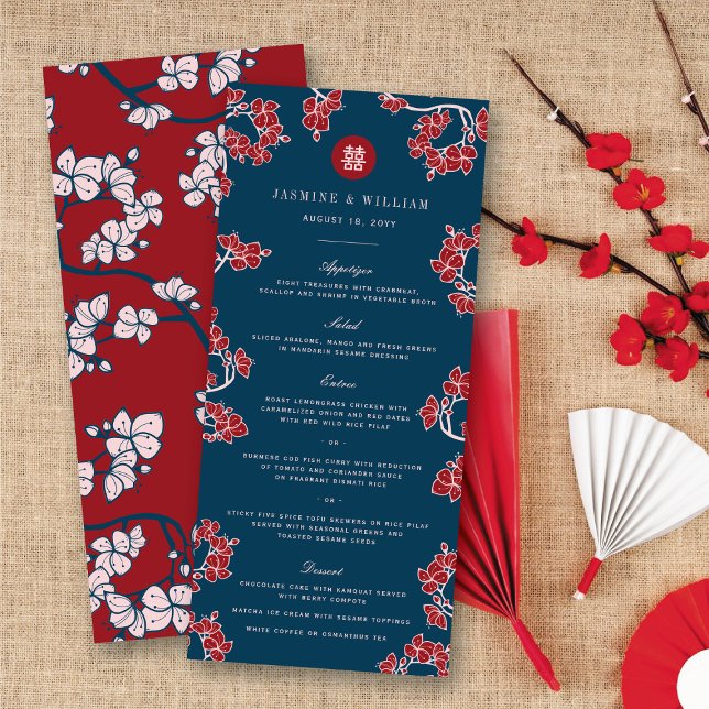 Red Peach/Plum Blossoms Double Happiness Wedding Menu (Red Peach/Plum Blossoms Double Happiness Floral Chinese Wedding Menu Card @ fatfatin_red_knot)