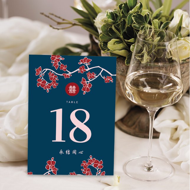 Red Peach/Plum Blossoms Double Happiness Wedding Table Number (Creator Uploaded)