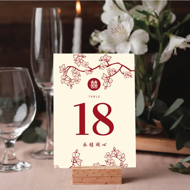 Red Peach/Plum Blossoms Double Happiness Wedding Table Number (Creator Uploaded)