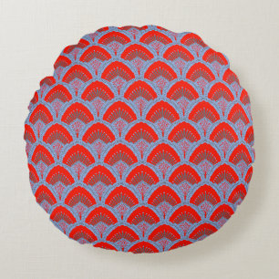 Red Peacock Feather Round Pillow   One Owl Artist