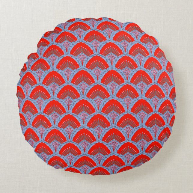 Red Peacock Feather Round Pillow | One Owl Artist (Front)