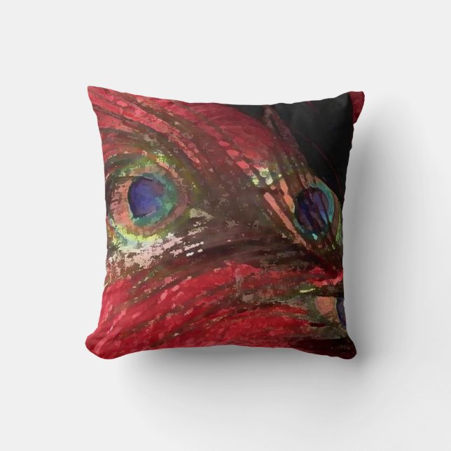 RED PEACOCK FEATHERS BY LIZ LOZ CUSHION (Front)