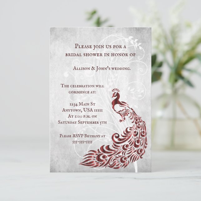 Red Peacock Leaf Vine Bridal Shower Invite (Standing Front)