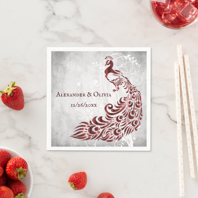 Red Peacock Leaf Vine Bridal Shower Napkin (Insitu)