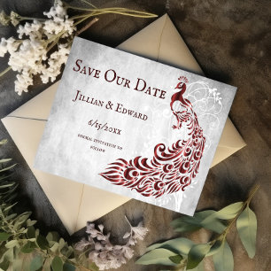 Red Peacock Leaf Vine Save The Date Announcement